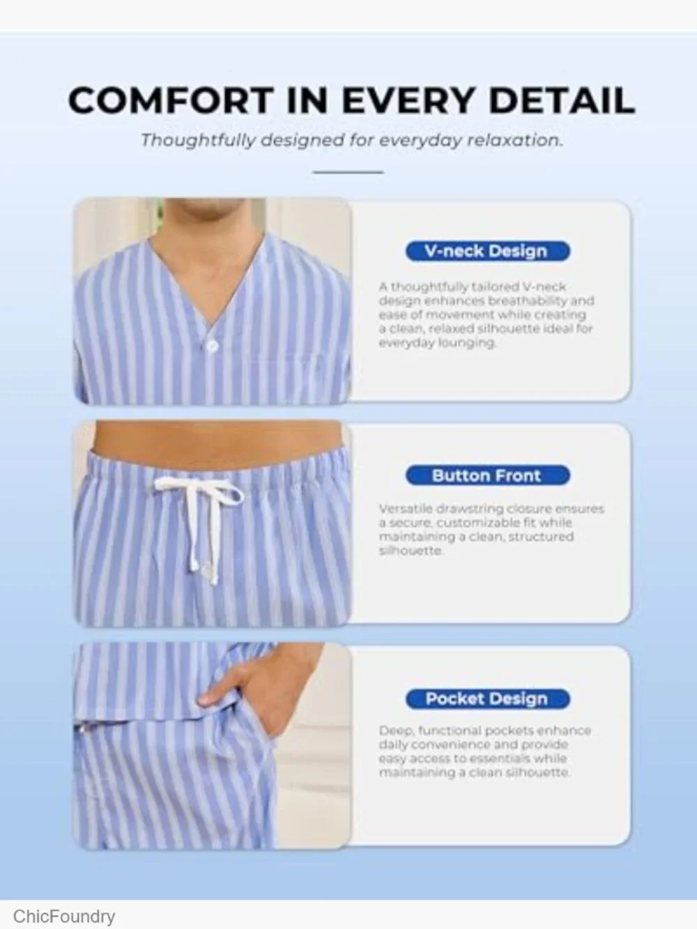 Men's Striped Short Sleeve Button Down Pajama Set with Pockets